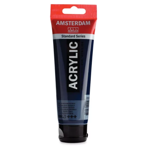 A single tube of Prussian Blue Phthalo Amsterdam Acrylic Paint 120ml is standing vertically in the center of the frame. The tube is made of a clear plastic and has a red band at the end of the tube with a hole so it can hang. The tube has a black, plastic flip top cap, that the bottle stands on. There is black text on the body of the tube describing the product colour and details. The colour of the paint can be seen through the tube. On a white background.