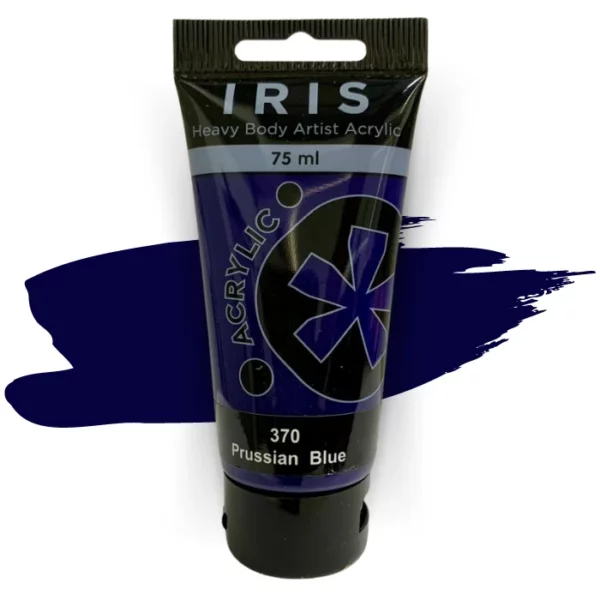 A single tube of Prussian Blue Prime Art Iris Acrylic Paint 75ml is shown in the frame. The tube is a clear plastic with a black printed band at the top of each tube that has the Prime Art Iris Logo printed on it. The tube has a black flip cap that the tube stands on. You can see the colour of the paint through the tube. On a white background.