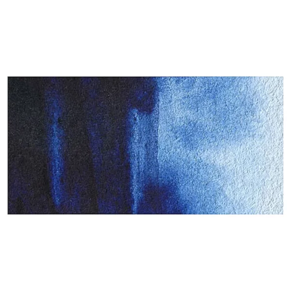 A rectangular colour swatch of Prussian Blue Winsor and Newton Cotman Watercolour Paint is shown across the center of the frame. The colour swatch shows the tube colour in three gradients from left to right. On a white background.