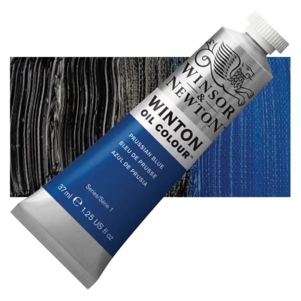 A tube of Prussian Blue Winsor and Newton Winton Oil Paint 37ml is shown diagonally, across the center of the frame. The tube is a silver colour and has a white screw on, plastic lid. The Winsor and Newton logo is printed at the top of the tube and there is a white band printed across the tube, below the logo, that has the words 'Winton Oil Colour' written on it. Below that is a colour band printed across the tube that has black text describing the product colour and paint properties. There is a rectangular colour swatch behind the tube that shows the colour of the paint. It lays horizontally across the top third of the frame. The image is center of the frame and on a white background.