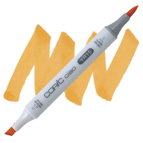 in the center of the image is a single copic marker that is sitting diagonally across the image. from left to right. it has a grey body and both caps are off showing the two different nibs, one brush at the top and the chisel tip at the bottom. it is sitting infront of a squiggle of the same colour as the marker on a white background