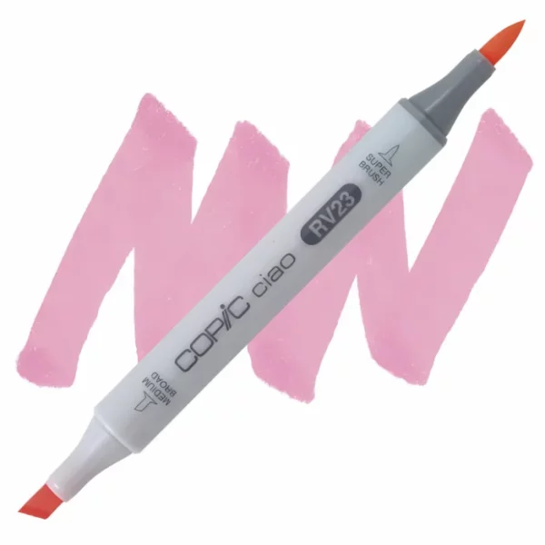 in the center of the image is a single copic marker that is sitting diagonally across the image. from left to right. it has a grey body and both caps are off showing the two different nibs, one brush at the top and the chisel tip at the bottom. it is sitting infront of a squiggle of the same colour as the marker on a white background