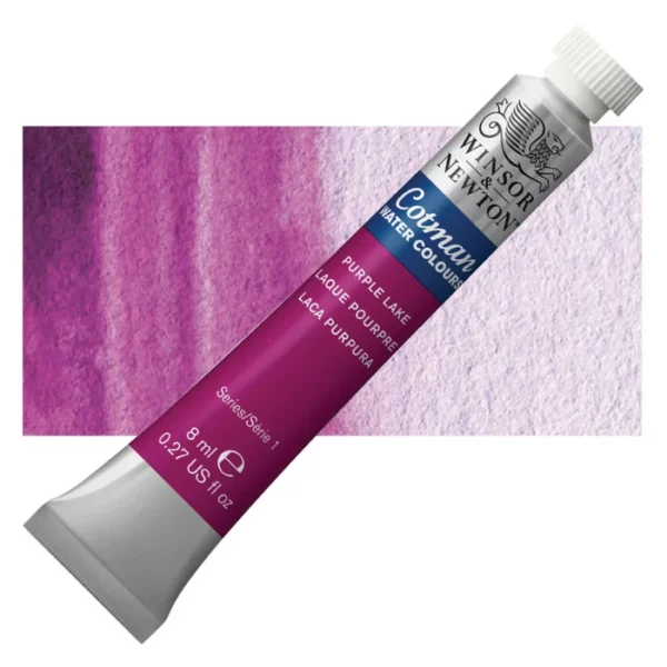 A single Purple Lake Winsor and Newton Cotman Watercolour 8ml Tube is shown diagonally across the frame. The back of the tube is facing the bottom left hand corner of the frame and the lid of the tube is facing the top, right hand corner of the frame. The tube is silver and the Winsor and Newton logo is printed at the top of the tube. There is a blue band below the logo and the words 'Cotman Watercolour' are printed on the blue band in white. Then there is a large colour band around the base of the tube that denotes the colour of the paint. The tube colour and paint properties are indicated on this colour band in black text. The tube has a white, plastic screw on cap. There is a rectangular colour swatch behind the tube that shows how the colour works on a gradient scale. The entire image is center of the frame and on a white background.