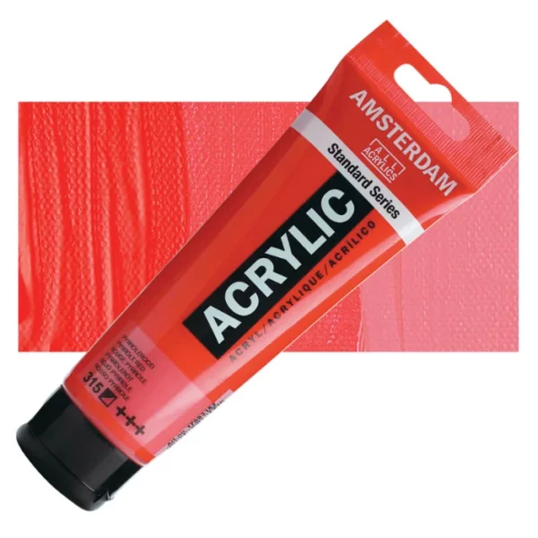 A single tube of Pyrrole Red Amsterdam Acrylic Paint 120ml is shown diagonally across the center of the frame. The tube is made of a clear plastic and has a red band at the end of the tube with a hole so it can hang. The tube has a black, plastic flip top cap, that the bottle stands on. There is black text on the body of the tube describing the product colour and details. The colour of the paint can be seen through the tube. There is a rectangular colour swatch of the paint, behind the tube. The swatch shows the colour in different gradient's. The image is center of the frame and on a white background.