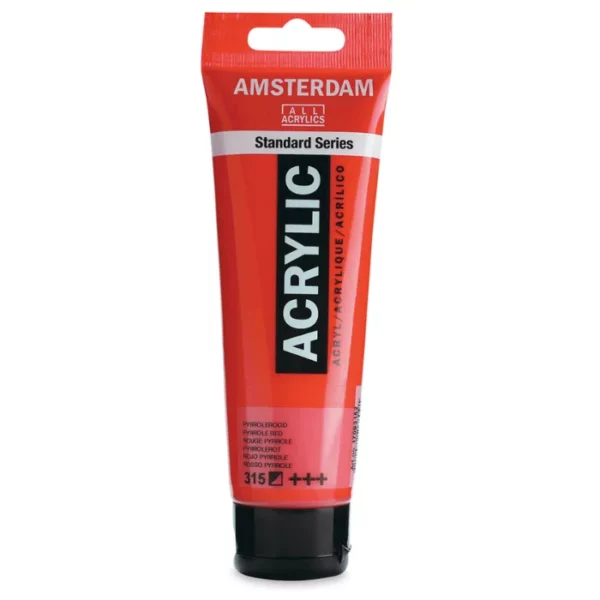 A single tube of Pyrrole Red Amsterdam Acrylic Paint 120ml is standing vertically in the center of the frame. The tube is made of a clear plastic and has a red band at the end of the tube with a hole so it can hang. The tube has a black, plastic flip top cap, that the bottle stands on. There is black text on the body of the tube describing the product colour and details. The colour of the paint can be seen through the tube. On a white background.