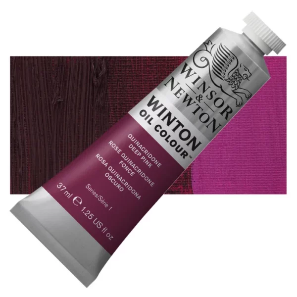 A tube of Quinacridone Deep Pink Winsor and Newton Winton Oil Paint 37ml is shown diagonally, across the center of the frame. The tube is a silver colour and has a white screw on, plastic lid. The Winsor and Newton logo is printed at the top of the tube and there is a white band printed across the tube, below the logo, that has the words 'Winton Oil Colour' written on it. Below that is a colour band printed across the tube that has black text describing the product colour and paint properties. There is a rectangular colour swatch behind the tube that shows the colour of the paint. It lays horizontally across the top third of the frame. The image is center of the frame and on a white background.