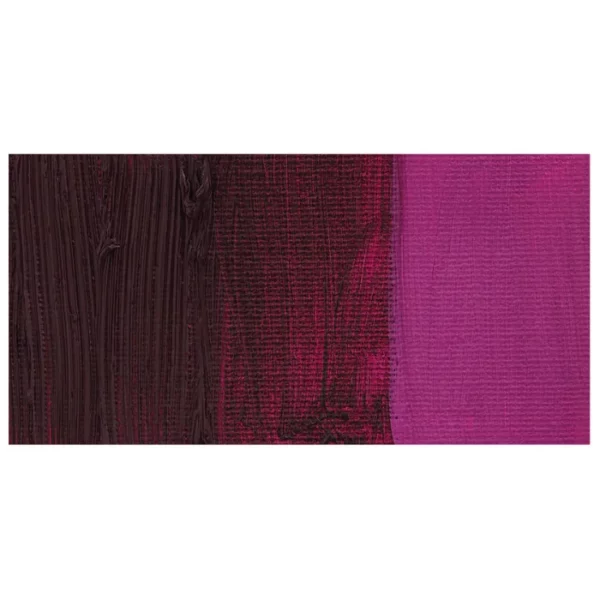 A rectangular colour swatch of Quinacridone Deep Pink Winsor and Newton Winton Oil Paint is shown across the center of the frame. The colour swatch shows the tube colour in three gradients from left to right. On a white background.