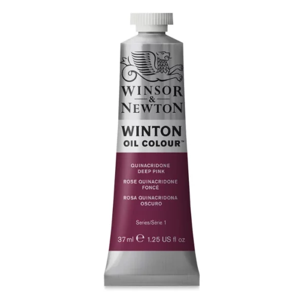 A single tube of Quinacridone Deep Pink Winsor and Newton Winton Oil Paint 37ml is shown in the center of the frame, standing vertically. The tube is a silver colour and has a white screw on, plastic lid. The Winsor and Newton logo is printed at the top of the tube and there is a white band across the tube, under the logo, with the words, 'Winton Oil Colour'. There is a band of colour below that which denotes the colour of the paint in the tube. There is text on this colour band, describing the colour and paint properties. The image is center of the frame and on a white background.