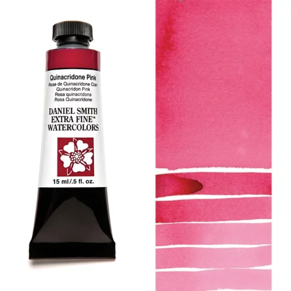 A tube of Quinacridone Pink S2 Daniel Smith Watercolour Paint is shown in the frame, to the left hand side of the frame vertically. The tube has a black plastic cap and a black base. The center of the tube is white and there is a colour band at the top of the tube, below the cap, that indicates the colour of the paint. There is black text on the front of the tube with the brand name and logo. To the right of the tube is a colour swatch which was made using the paint. In the colour swatch, you can see the paint undiluted and in a diluted form. The image is on a white background and is center of the frame.