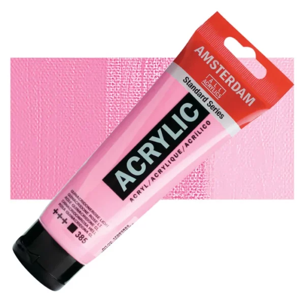 A single tube of Quinacridone Rose Light Amsterdam Acrylic Paint 120ml is shown diagonally across the center of the frame. The tube is made of a clear plastic and has a red band at the end of the tube with a hole so it can hang. The tube has a black, plastic flip top cap, that the bottle stands on. There is black text on the body of the tube describing the product colour and details. The colour of the paint can be seen through the tube. There is a rectangular colour swatch of the paint, behind the tube. The swatch shows the colour in different gradient's. The image is center of the frame and on a white background.