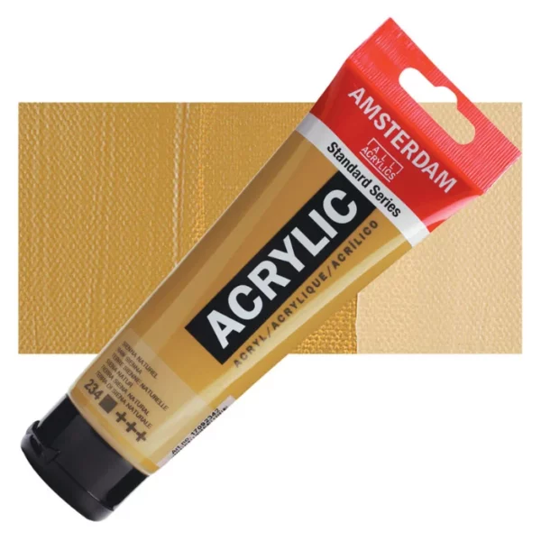 A single tube of Raw Sienna Amsterdam Acrylic Paint 120ml is shown diagonally across the center of the frame. The tube is made of a clear plastic and has a red band at the end of the tube with a hole so it can hang. The tube has a black, plastic flip top cap, that the bottle stands on. There is black text on the body of the tube describing the product colour and details. The colour of the paint can be seen through the tube. There is a rectangular colour swatch of the paint, behind the tube. The swatch shows the colour in different gradient's. The image is center of the frame and on a white background.