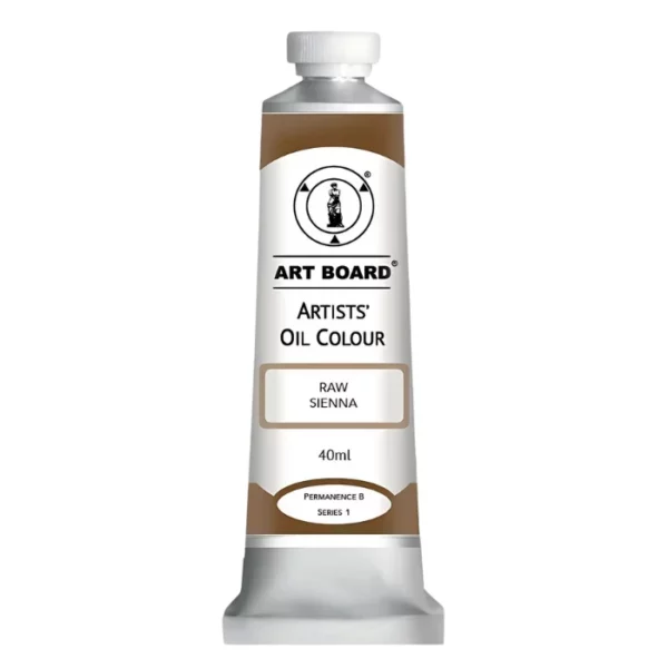 A tube of Raw Sienna Artboard Oil Paint 40ml is shown standing vertically in the center of the frame. The tube is silver and has a label around the body of the tube. Parts of the label are coloured, to denote the colour of the paint inside the tube. The artboard logo and name are printed at the top of the label and the colour and product details are printed below. The tube has a white plastic, screw on lid. On a white background.