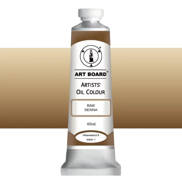 A tube of Raw Sienna Artboard Oil Paint 40ml is shown standing vertically in the center of the frame. The tube is silver and has a label around the body of the tube. Parts of the label are coloured, to denote the colour of the paint inside the tube. The artboard logo and name are printed at the top of the label and the colour and product details are printed below. The tube has a white plastic, screw on lid. A graded horizontal rectangle is seen in the background, this denotes the colour of the paint inside the tube. On a white background.