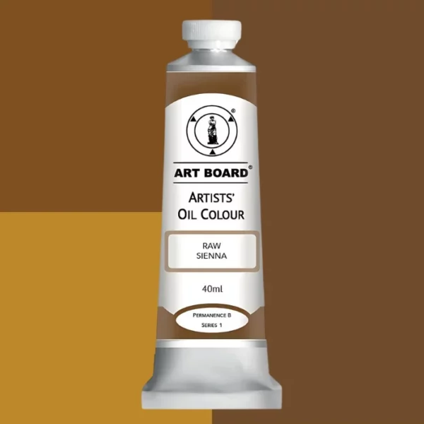 A tube of Raw Sienna Artboard Oil Paint 40ml is shown standing vertically in the center of the frame. The tube is silver and has a label around the body of the tube. Parts of the label are coloured, to denote the colour of the paint inside the tube. The artboard logo and name are printed at the top of the label and the colour and product details are printed below. The tube has a white plastic, screw on lid. Different shades of the paint colour are shown in the background in blocks, behind the tube.