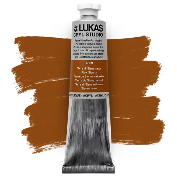 A single tube of Raw Sienna Lukas Cryl STUDIO Acrylics 75ml is shown in the center of the frame, standing vertically. The tube is silver and has a colour band around the body of the tube that denotes the colour of the paint inside. The Lukas name and logo is printed at the top of the tube and there is black text below the logo that describes the paint. The tube has a white plastic, screw on lid. There is a paint swatch in the background that indicates the colour of the paint inside the tube. The image is center of the frame and on a white background.