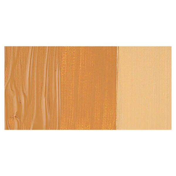 A rectangular colour swatch of Raw Sienna Opaque Winsor and Newton Galeria Acrylic Paint is shown across the center of the frame. The colour swatch shows the tube colour in three gradients from left to right. On a white background.