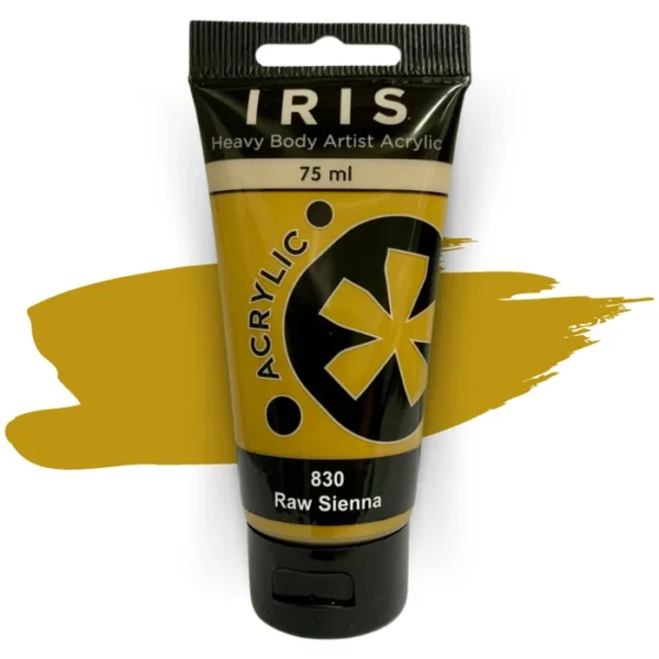 A single tube of Raw Sienna Prime Art Iris Acrylic Paint 75ml is shown in the frame. The tube is a clear plastic with a black printed band at the top of each tube that has the Prime Art Iris Logo printed on it. The tube has a black flip cap that the tube stands on. You can see the colour of the paint through the tube. On a white background.