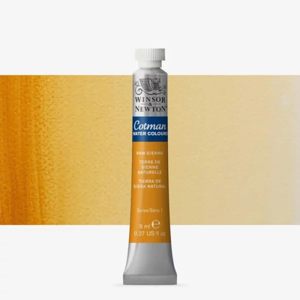 A single Raw Sienna Winsor and Newton Cotman Watercolour 8ml Tube is shown vertically in the center of the frame. The tube is silver and the Winsor and Newton logo is printed at the top of the tube. There is a blue band below the logo and the words 'Cotman Watercolour' are printed on the blue band in white. Then there is a large colour band around the base of the tube that denotes the colour of the paint. The tube colour and paint properties are indicated on this colour band in black text. The tube has a white, plastic screw on cap. There is a rectangular colour swatch behind the tube that shows how the colour works on a gradient scale. The entire image is center of the frame and on a white background.