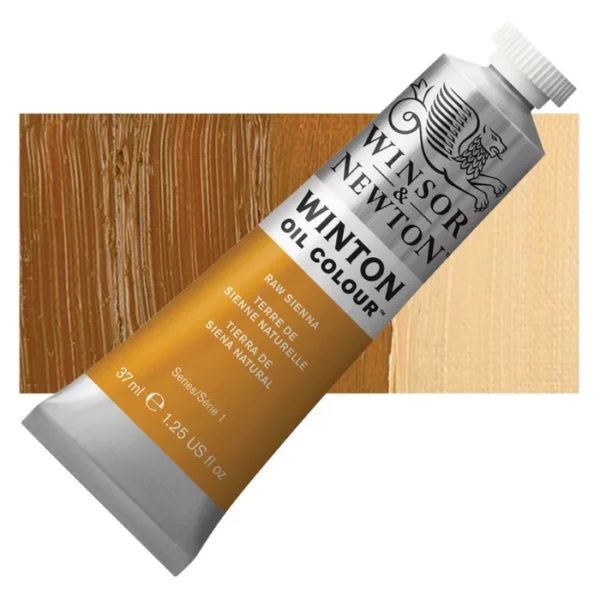 A tube of Raw Sienna Winsor and Newton Winton Oil Paint 37ml is shown diagonally, across the center of the frame. The tube is a silver colour and has a white screw on, plastic lid. The Winsor and Newton logo is printed at the top of the tube and there is a white band printed across the tube, below the logo, that has the words 'Winton Oil Colour' written on it. Below that is a colour band printed across the tube that has black text describing the product colour and paint properties. There is a rectangular colour swatch behind the tube that shows the colour of the paint. It lays horizontally across the top third of the frame. The image is center of the frame and on a white background.