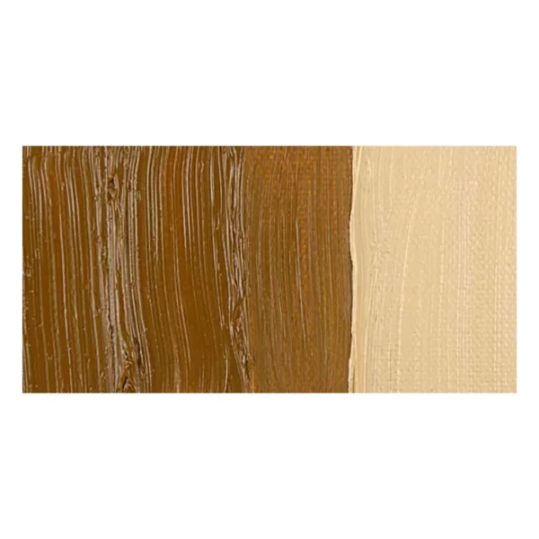 A rectangular colour swatch of Raw Sienna Winsor and Newton Winton Oil Paint is shown across the center of the frame. The colour swatch shows the tube colour in three gradients from left to right. On a white background.