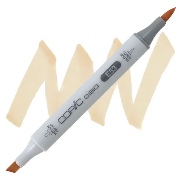 in the center of the image is a single copic marker that is sitting diagonally across the image. from left to right. it has a grey body and both caps are off showing the two different nibs, one brush at the top and the chisel tip at the bottom. it is sitting infront of a squiggle of the same colour as the marker on a white background