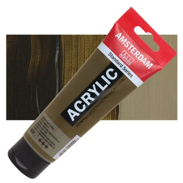 A single tube of Raw Umber Amsterdam Acrylic Paint 120ml is shown diagonally across the center of the frame. The tube is made of a clear plastic and has a red band at the end of the tube with a hole so it can hang. The tube has a black, plastic flip top cap, that the bottle stands on. There is black text on the body of the tube describing the product colour and details. The colour of the paint can be seen through the tube. There is a rectangular colour swatch of the paint, behind the tube. The swatch shows the colour in different gradient's. The image is center of the frame and on a white background.