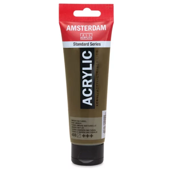 A single tube of Raw Umber Amsterdam Acrylic Paint 120ml is standing vertically in the center of the frame. The tube is made of a clear plastic and has a red band at the end of the tube with a hole so it can hang. The tube has a black, plastic flip top cap, that the bottle stands on. There is black text on the body of the tube describing the product colour and details. The colour of the paint can be seen through the tube. On a white background.