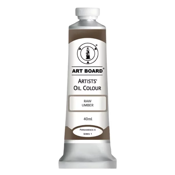 A tube of Raw Umber Artboard Oil Paint 40ml is shown standing vertically in the center of the frame. The tube is silver and has a label around the body of the tube. Parts of the label are coloured, to denote the colour of the paint inside the tube. The artboard logo and name are printed at the top of the label and the colour and product details are printed below. The tube has a white plastic, screw on lid. On a white background.