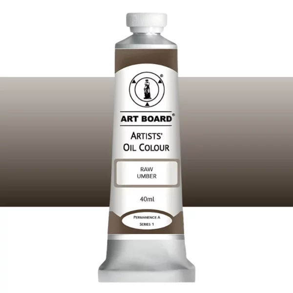 A tube of Raw Umber Artboard Oil Paint 40ml is shown standing vertically in the center of the frame. The tube is silver and has a label around the body of the tube. Parts of the label are coloured, to denote the colour of the paint inside the tube. The artboard logo and name are printed at the top of the label and the colour and product details are printed below. The tube has a white plastic, screw on lid. A graded horizontal rectangle is seen in the background, this denotes the colour of the paint inside the tube. On a white background.