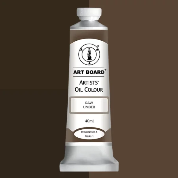 A tube of Raw Umber Artboard Oil Paint 40ml is shown standing vertically in the center of the frame. The tube is silver and has a label around the body of the tube. Parts of the label are coloured, to denote the colour of the paint inside the tube. The artboard logo and name are printed at the top of the label and the colour and product details are printed below. The tube has a white plastic, screw on lid. Different shades of the paint colour are shown in the background in blocks, behind the tube.