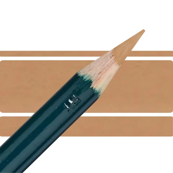 a derwent artists coloured pencil is seen in a close up ciming in from the left habd corner of the image. the tip is facing the right hand side top of the image. in a horizontal line. it has a green hamdle and a wooden end with the coloured tip. there are three horizontal stripes behind it that are the same colour as the nib of the pencil. on a white background