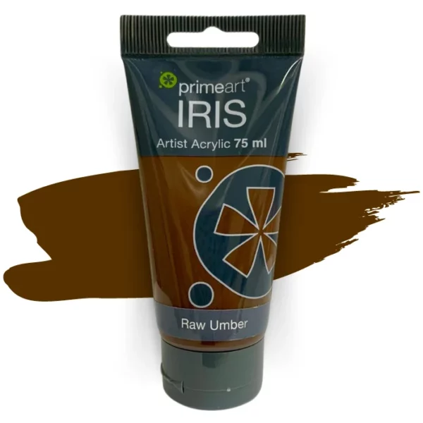 A single tube of Raw Umber Prime Art Iris Acrylic Paint 75ml is shown in the frame. The tube is a clear plastic with a black printed band at the top of each tube that has the Prime Art Iris Logo printed on it. The tube has a black flip cap that the tube stands on. You can see the colour of the paint through the tube. On a white background.