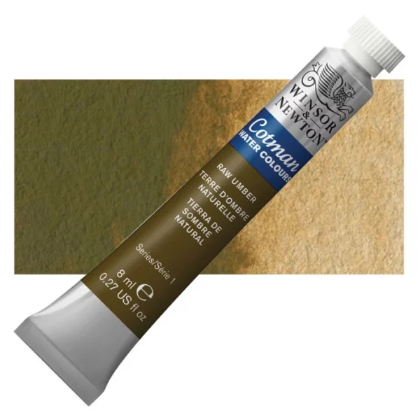 A single Raw Umber Winsor and Newton Cotman Watercolour 8ml Tube is shown diagonally across the frame. The back of the tube is facing the bottom left hand corner of the frame and the lid of the tube is facing the top, right hand corner of the frame. The tube is silver and the Winsor and Newton logo is printed at the top of the tube. There is a blue band below the logo and the words 'Cotman Watercolour' are printed on the blue band in white. Then there is a large colour band around the base of the tube that denotes the colour of the paint. The tube colour and paint properties are indicated on this colour band in black text. The tube has a white, plastic screw on cap. There is a rectangular colour swatch behind the tube that shows how the colour works on a gradient scale. The entire image is center of the frame and on a white background.