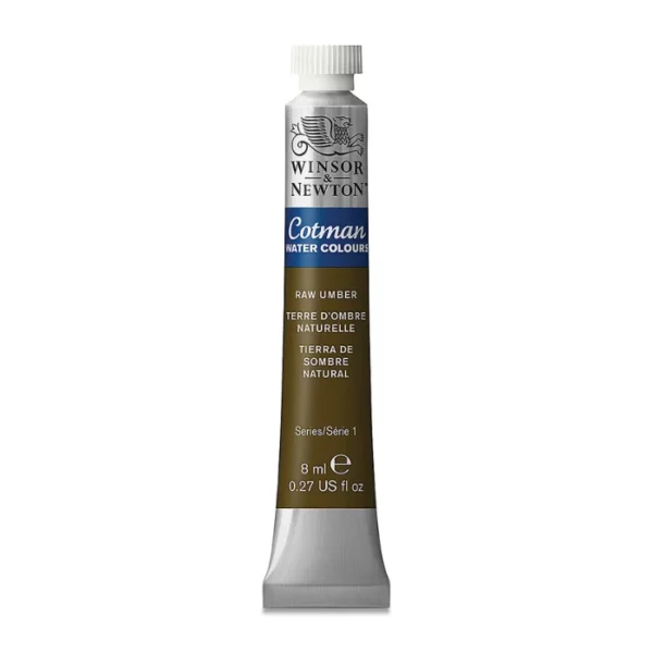 A single Raw Umber Winsor and Newton Cotman Watercolour 8ml Tube is shown vertically in the center of the frame. The tube is silver and the Winsor and Newton logo is printed at the top of the tube. There is a blue band below the logo and the words 'Cotman Watercolour' are printed on the blue band in white. Then there is a large colour band around the base of the tube that denotes the colour of the paint. The tube colour and paint properties are indicated on this colour band in black text. The tube has a white, plastic screw on cap. The image is center of the frame and on a white background.