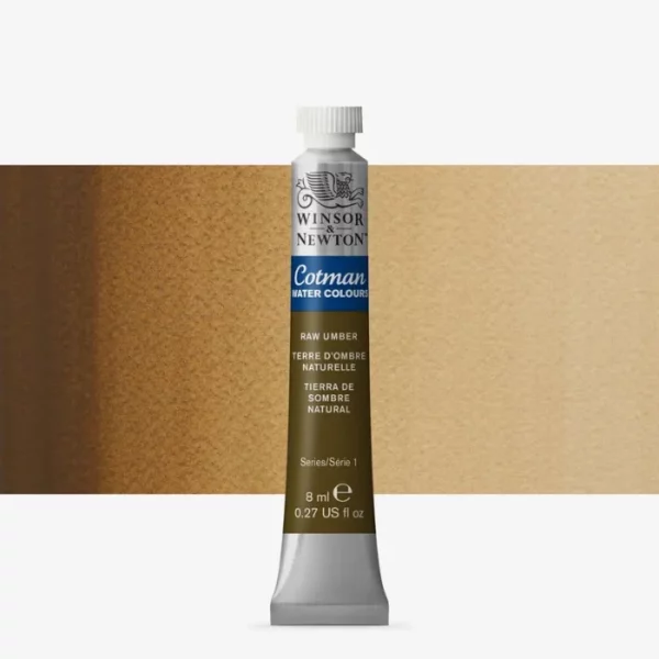 A single Raw Umber Winsor and Newton Cotman Watercolour 8ml Tube is shown vertically in the center of the frame. The tube is silver and the Winsor and Newton logo is printed at the top of the tube. There is a blue band below the logo and the words 'Cotman Watercolour' are printed on the blue band in white. Then there is a large colour band around the base of the tube that denotes the colour of the paint. The tube colour and paint properties are indicated on this colour band in black text. The tube has a white, plastic screw on cap. There is a rectangular colour swatch behind the tube that shows how the colour works on a gradient scale. The entire image is center of the frame and on a white background.