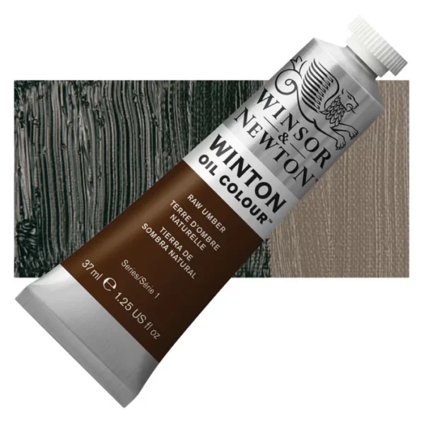 A tube of Raw Umber Winsor and Newton Winton Oil Paint 37ml is shown diagonally, across the center of the frame. The tube is a silver colour and has a white screw on, plastic lid. The Winsor and Newton logo is printed at the top of the tube and there is a white band printed across the tube, below the logo, that has the words 'Winton Oil Colour' written on it. Below that is a colour band printed across the tube that has black text describing the product colour and paint properties. There is a rectangular colour swatch behind the tube that shows the colour of the paint. It lays horizontally across the top third of the frame. The image is center of the frame and on a white background.