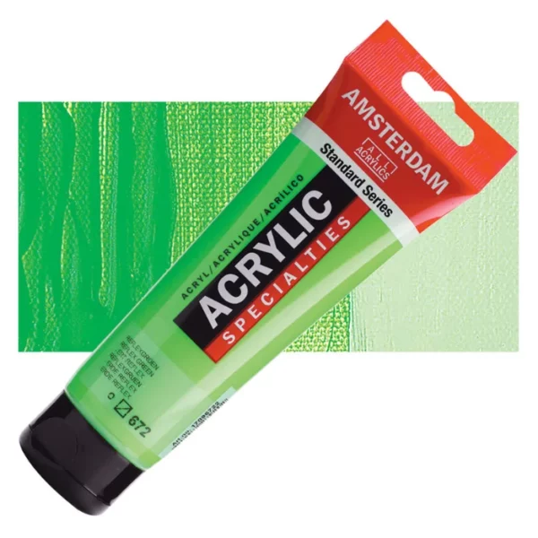 A single tube of Reflex Green Amsterdam Acrylic Paint 120ml is shown diagonally across the center of the frame. The tube is made of a clear plastic and has a red band at the end of the tube with a hole so it can hang. The tube has a black, plastic flip top cap, that the bottle stands on. There is black text on the body of the tube describing the product colour and details. The colour of the paint can be seen through the tube. There is a rectangular colour swatch of the paint, behind the tube. The swatch shows the colour in different gradient's. The image is center of the frame and on a white background.