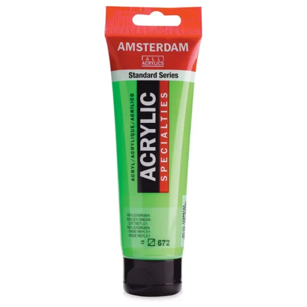 A single tube of Reflex Green Amsterdam Acrylic Paint 120ml is standing vertically in the center of the frame. The tube is made of a clear plastic and has a red band at the end of the tube with a hole so it can hang. The tube has a black, plastic flip top cap, that the bottle stands on. There is black text on the body of the tube describing the product colour and details. The colour of the paint can be seen through the tube. On a white background.