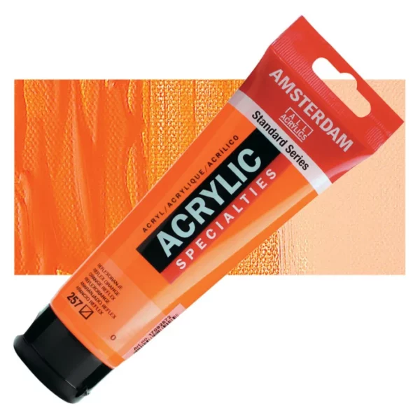 A single tube of Reflex Orange Amsterdam Acrylic Paint 120ml is shown diagonally across the center of the frame. The tube is made of a clear plastic and has a red band at the end of the tube with a hole so it can hang. The tube has a black, plastic flip top cap, that the bottle stands on. There is black text on the body of the tube describing the product colour and details. The colour of the paint can be seen through the tube. There is a rectangular colour swatch of the paint, behind the tube. The swatch shows the colour in different gradient's. The image is center of the frame and on a white background.