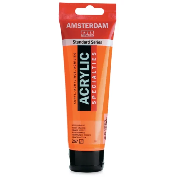 A single tube of Reflex Orange Amsterdam Acrylic Paint 120ml is standing vertically in the center of the frame. The tube is made of a clear plastic and has a red band at the end of the tube with a hole so it can hang. The tube has a black, plastic flip top cap, that the bottle stands on. There is black text on the body of the tube describing the product colour and details. The colour of the paint can be seen through the tube. On a white background.