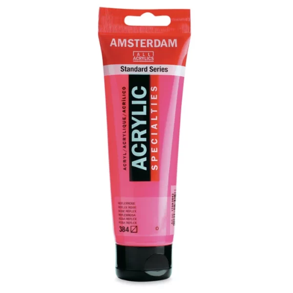 A single tube of Reflex Rose Amsterdam Acrylic Paint 120ml is standing vertically in the center of the frame. The tube is made of a clear plastic and has a red band at the end of the tube with a hole so it can hang. The tube has a black, plastic flip top cap, that the bottle stands on. There is black text on the body of the tube describing the product colour and details. The colour of the paint can be seen through the tube. On a white background.