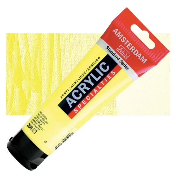 A single tube of Reflex Yellow Amsterdam Acrylic Paint 120ml is shown diagonally across the center of the frame. The tube is made of a clear plastic and has a red band at the end of the tube with a hole so it can hang. The tube has a black, plastic flip top cap, that the bottle stands on. There is black text on the body of the tube describing the product colour and details. The colour of the paint can be seen through the tube. There is a rectangular colour swatch of the paint, behind the tube. The swatch shows the colour in different gradient's. The image is center of the frame and on a white background.