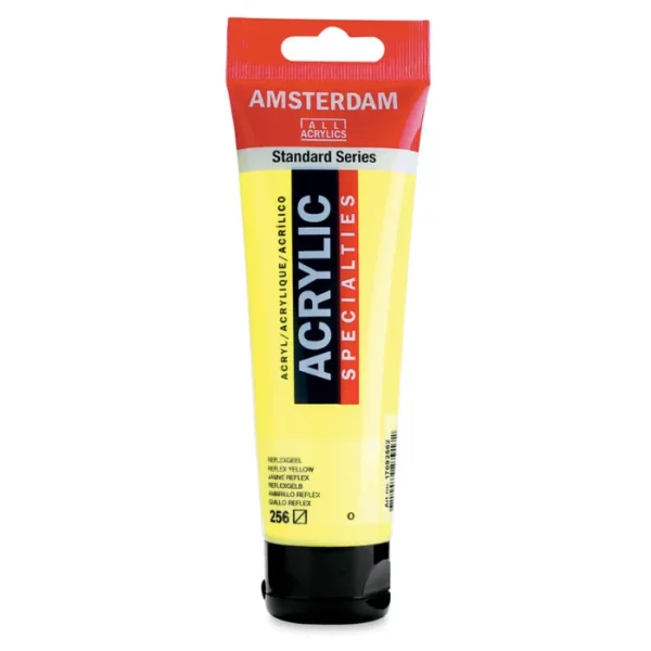 A single tube of Reflex Yellow Amsterdam Acrylic Paint 120ml is standing vertically in the center of the frame. The tube is made of a clear plastic and has a red band at the end of the tube with a hole so it can hang. The tube has a black, plastic flip top cap, that the bottle stands on. There is black text on the body of the tube describing the product colour and details. The colour of the paint can be seen through the tube. On a white background.