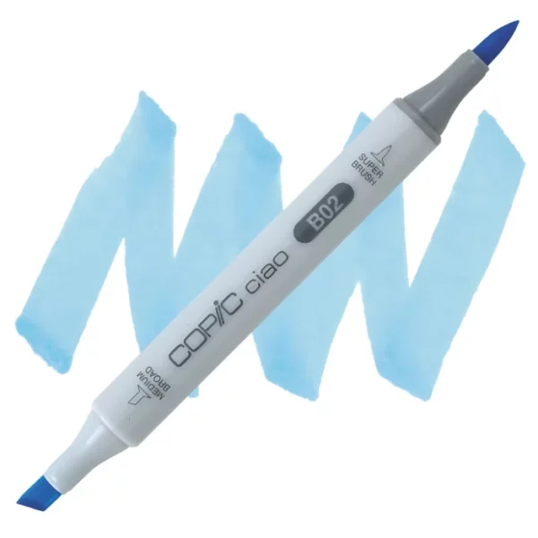 in the center of the image is a single copic marker that is sitting diagonally across the image. from left to right. it has a grey body and both caps are off showing the two different nibs, one brush at the top and the chisel tip at the bottom. it is sitting infront of a squiggle of the same colour as the marker on a white background