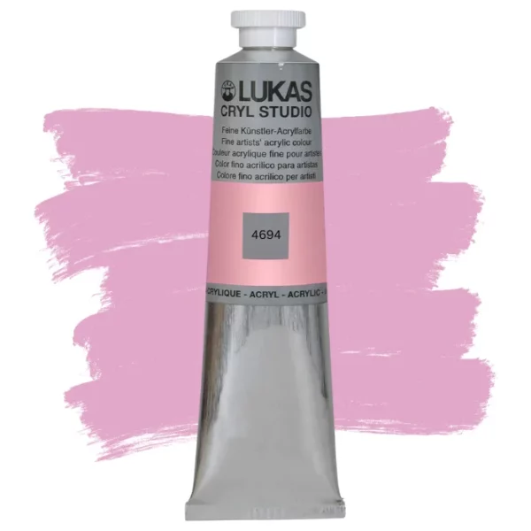 A single tube of Rose Lukas Cryl STUDIO Acrylics 75ml is shown in the center of the frame, standing vertically. The tube is silver and has a colour band around the body of the tube that denotes the colour of the paint inside. The Lukas name and logo is printed at the top of the tube and there is black text below the logo that describes the paint. The tube has a white plastic, screw on lid. There is a paint swatch in the background that indicates the colour of the paint inside the tube. The image is center of the frame and on a white background.