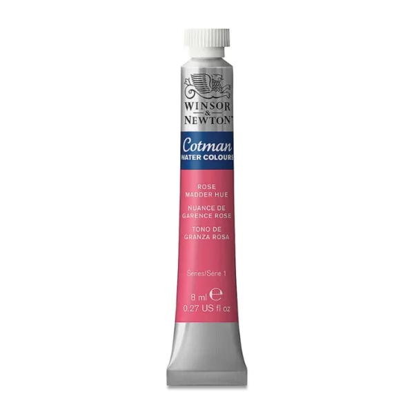 A single Rose Madder Hue Winsor and Newton Cotman Watercolour 8ml Tube is shown vertically in the center of the frame. The tube is silver and the Winsor and Newton logo is printed at the top of the tube. There is a blue band below the logo and the words 'Cotman Watercolour' are printed on the blue band in white. Then there is a large colour band around the base of the tube that denotes the colour of the paint. The tube colour and paint properties are indicated on this colour band in black text. The tube has a white, plastic screw on cap. The image is center of the frame and on a white background.