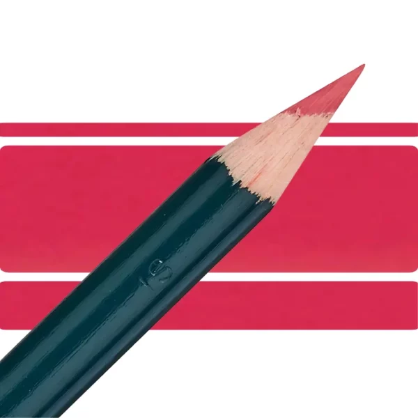 a derwent artists coloured pencil is seen in a close up ciming in from the left habd corner of the image. the tip is facing the right hand side top of the image. in a horizontal line. it has a green hamdle and a wooden end with the coloured tip. there are three horizontal stripes behind it that are the same colour as the nib of the pencil. on a white background