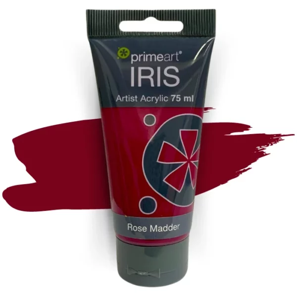 A single tube of Rose Madder Prime Art Iris Acrylic Paint 75ml is shown in the frame. The tube is a clear plastic with a black printed band at the top of each tube that has the Prime Art Iris Logo printed on it. The tube has a black flip cap that the tube stands on. You can see the colour of the paint through the tube. On a white background.