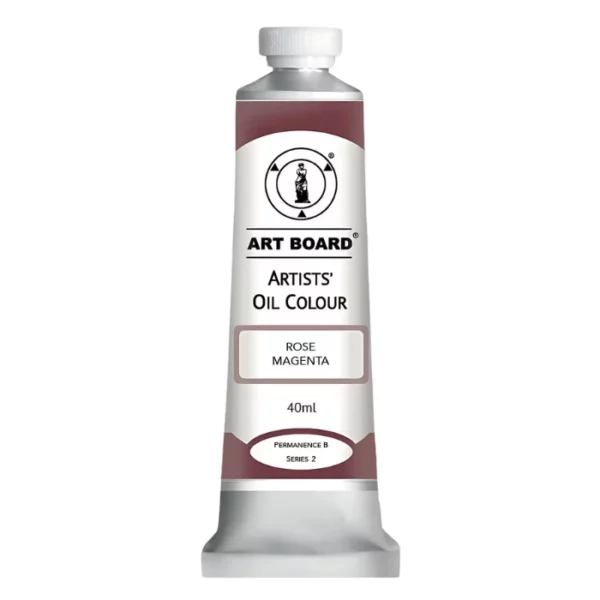 A tube of Rose Magenta Artboard Oil Paint 40ml is shown standing vertically in the center of the frame. The tube is silver and has a label around the body of the tube. Parts of the label are coloured, to denote the colour of the paint inside the tube. The artboard logo and name are printed at the top of the label and the colour and product details are printed below. The tube has a white plastic, screw on lid. On a white background.