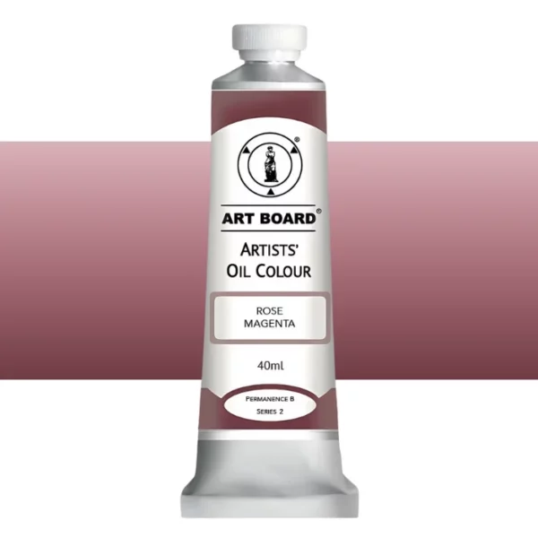 A tube of Rose Magenta Artboard Oil Paint 40ml is shown standing vertically in the center of the frame. The tube is silver and has a label around the body of the tube. Parts of the label are coloured, to denote the colour of the paint inside the tube. The artboard logo and name are printed at the top of the label and the colour and product details are printed below. The tube has a white plastic, screw on lid. A graded horizontal rectangle is seen in the background, this denotes the colour of the paint inside the tube. On a white background.